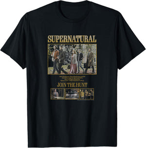 Supernatural Group Shot Boxy Join The Hunt Crew Names T-Shirt - T-Shirt | Black