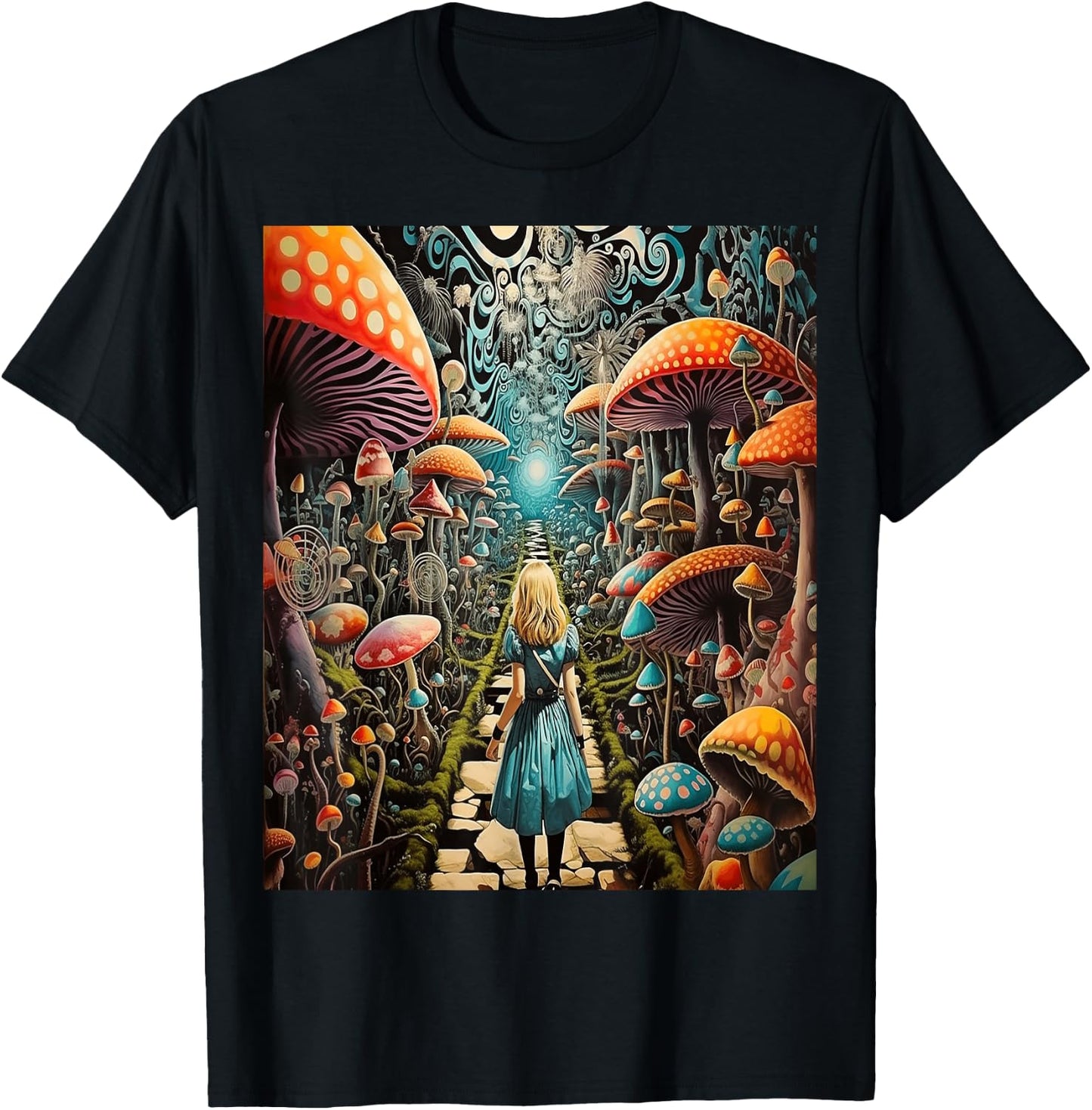 Alice in Wonderland Trippy Mushroom Forest Path T-Shirt - T-Shirt | Black