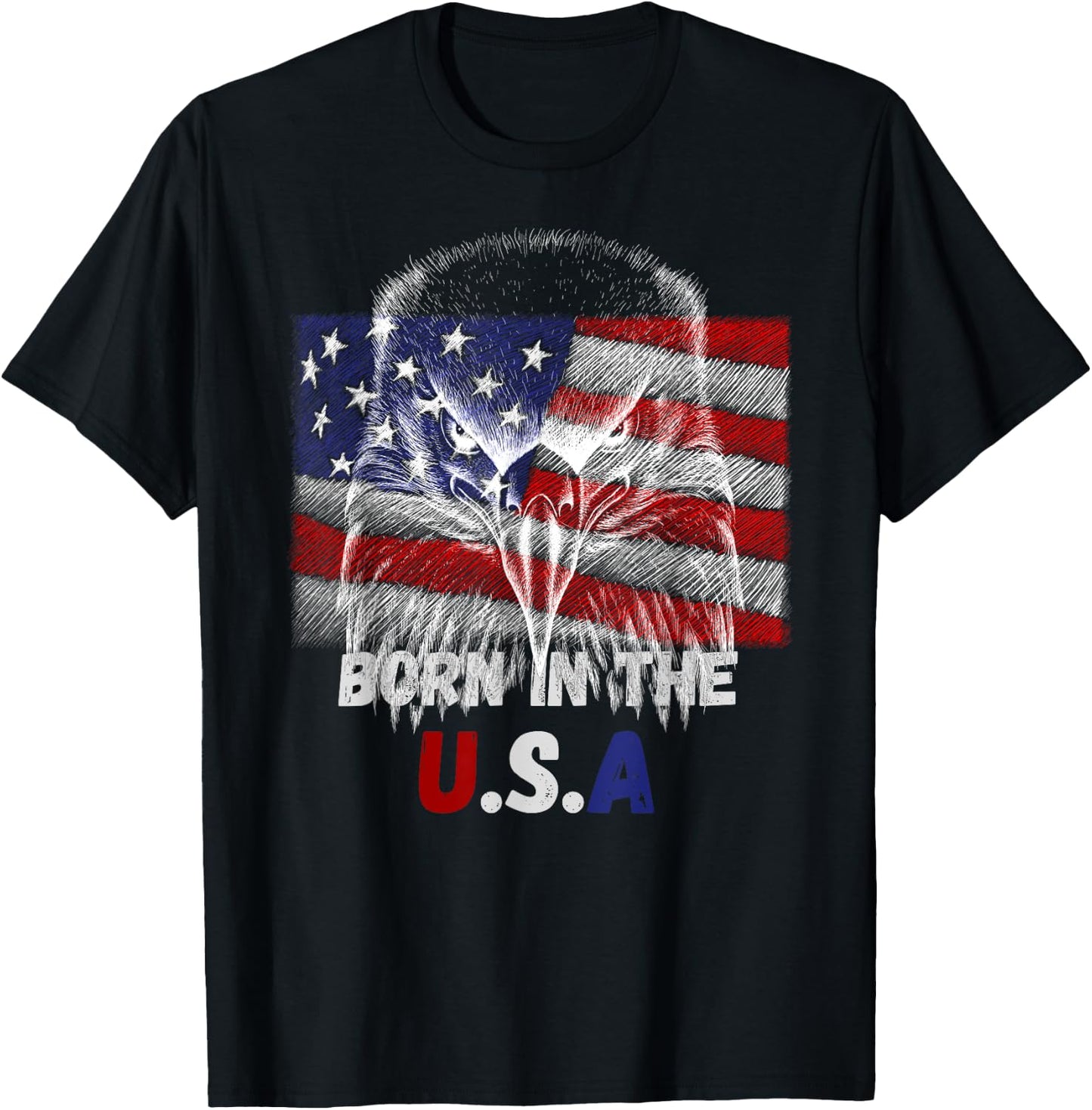 Born In The U.S.A Eagle Silhouette Patriotic Flag Tattoo T-Shirt - T-Shirt | Black