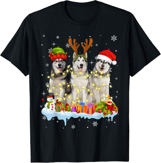 Cute Alaskan Malamute Santa Hat Christmas Light Xmas T-Shirt - T-Shirt | Black