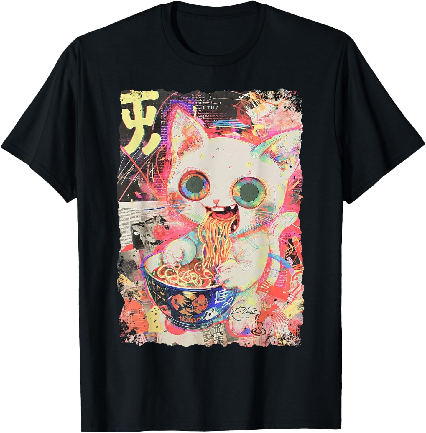 Ramen Noodles Cat Japan Y2K Kawaii Retro Cats Manga Anime T-Shirt - T-Shirt | Black