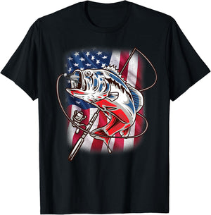 American Flag Fishing Shirt Vintage USA Bass Fisherman Gift T-Shirt - T-Shirt | Black