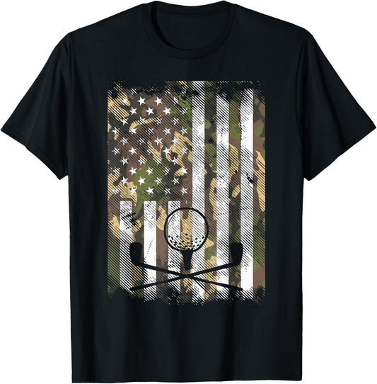 Camo American Flag Golf Vintage Golfing Patriotic Golfer Dad T-Shirt - T-Shirt | Black