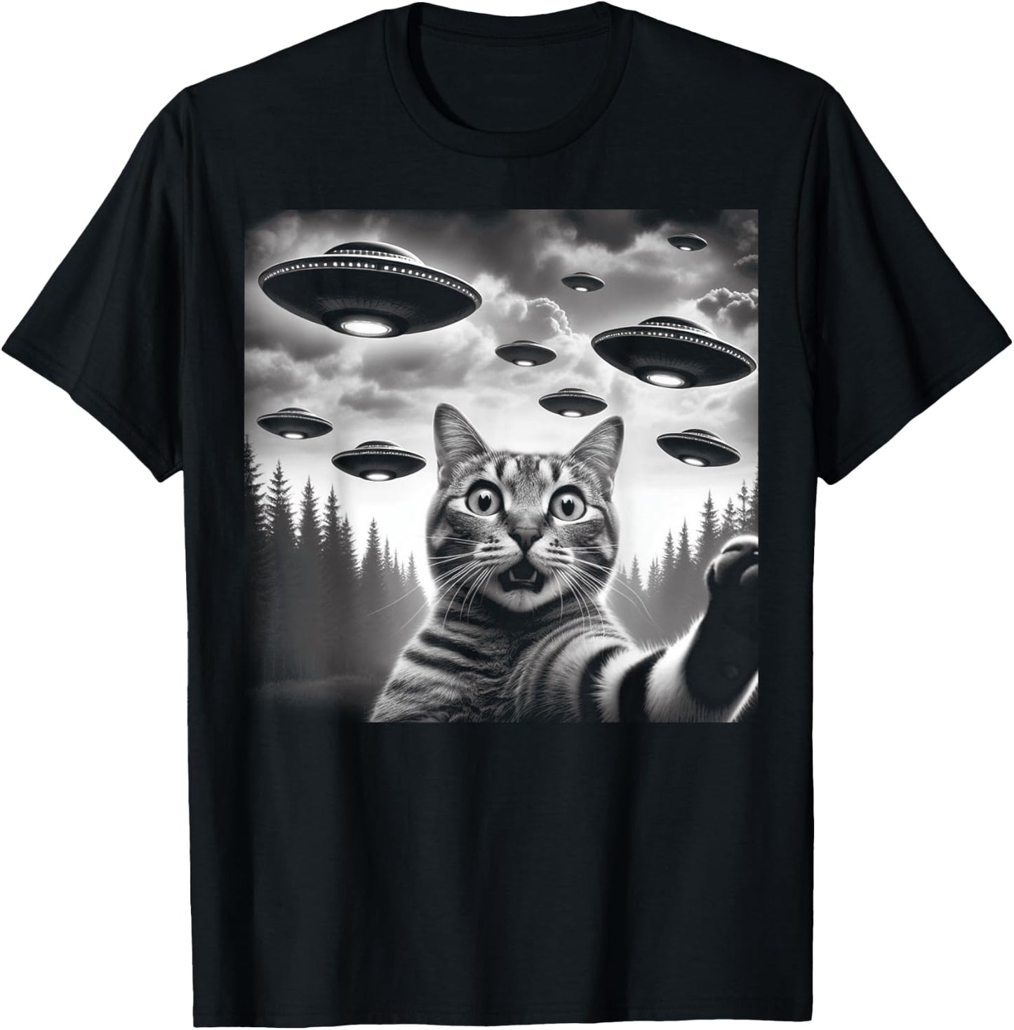 Funny Cat Selfie with UFOs Women Kids T-Shirt - T-Shirt | Black
