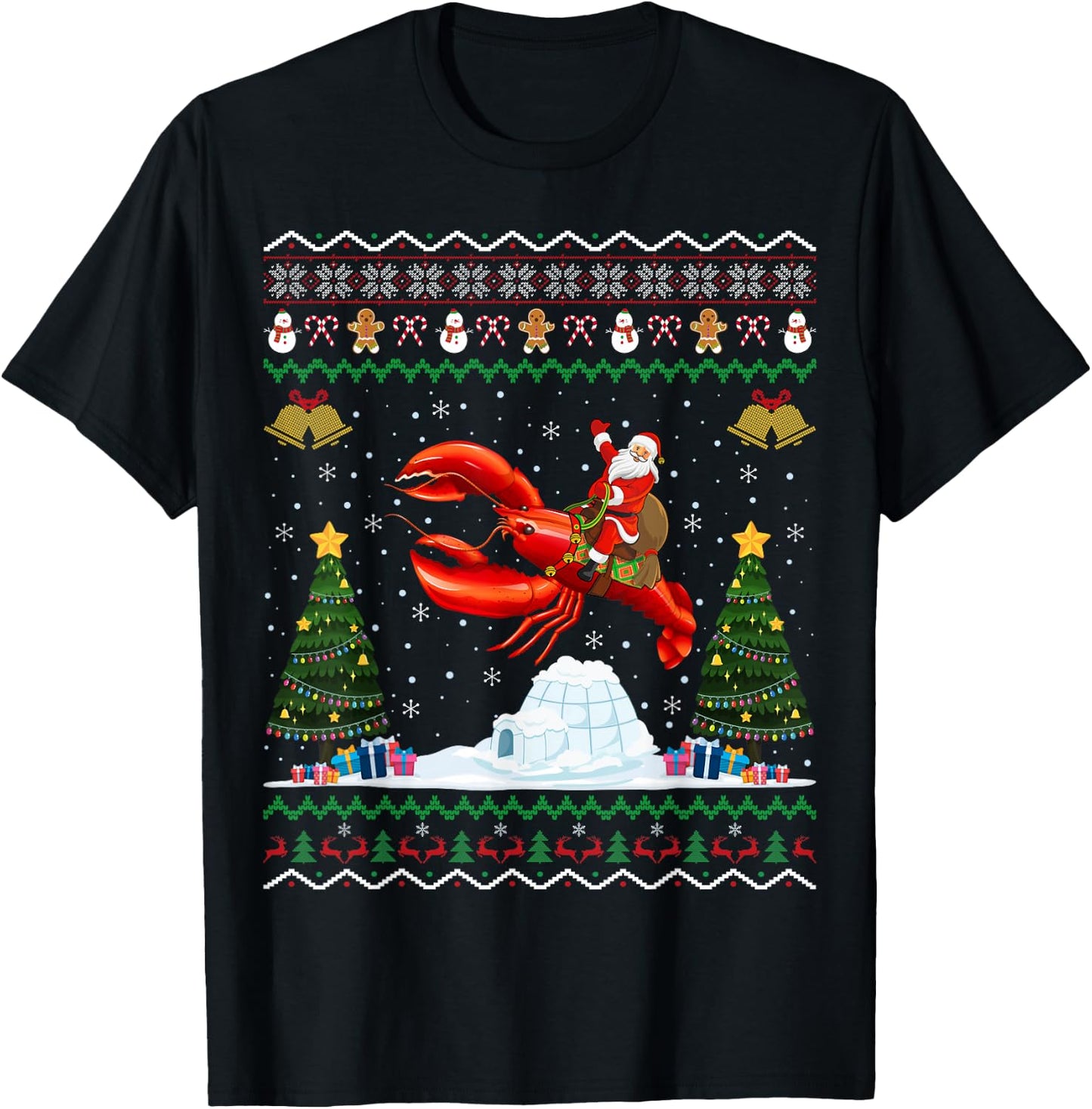 Lobster Ugly Xmas Gift Santa Riding Lobster Christmas T-Shirt - T-Shirt | Black