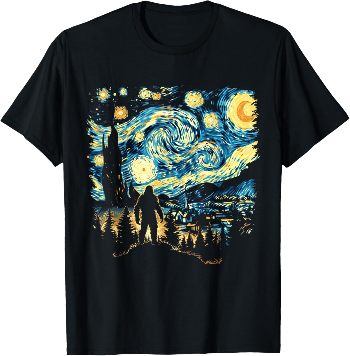 Funny Bigfoot Starry Night Sasquatch Van Gogh Sky Painting T-Shirt - T-Shirt | Black