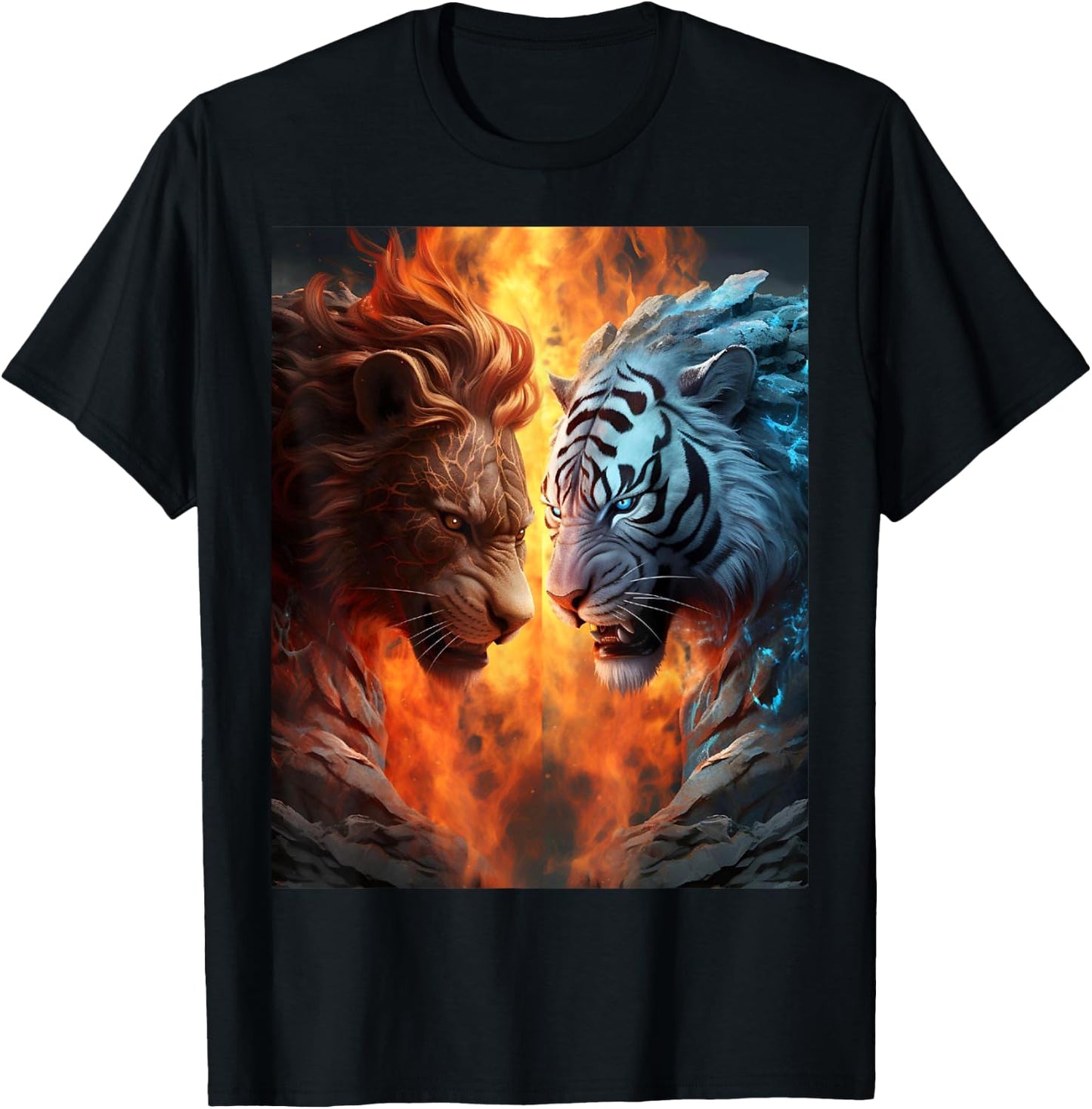 Two Tigers . White and Yellow Tigers, Flames Artwork Nice T-Shirt - T-Shirt | Black