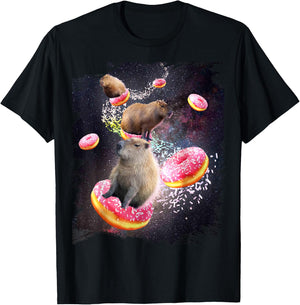Space Capybara Riding Donut, Galaxy Capybaras T-Shirt - T-Shirt | Black