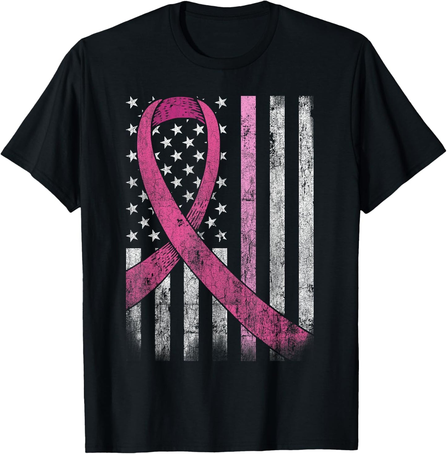 Breast Cancer Awareness American Flag Pink Ribbon T-Shirt - T-Shirt | Black