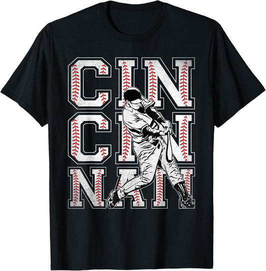 Retro Cincinnati American Flag Distressed Baseball Fans Kids Men T-Shirt - T-Shirt | Black