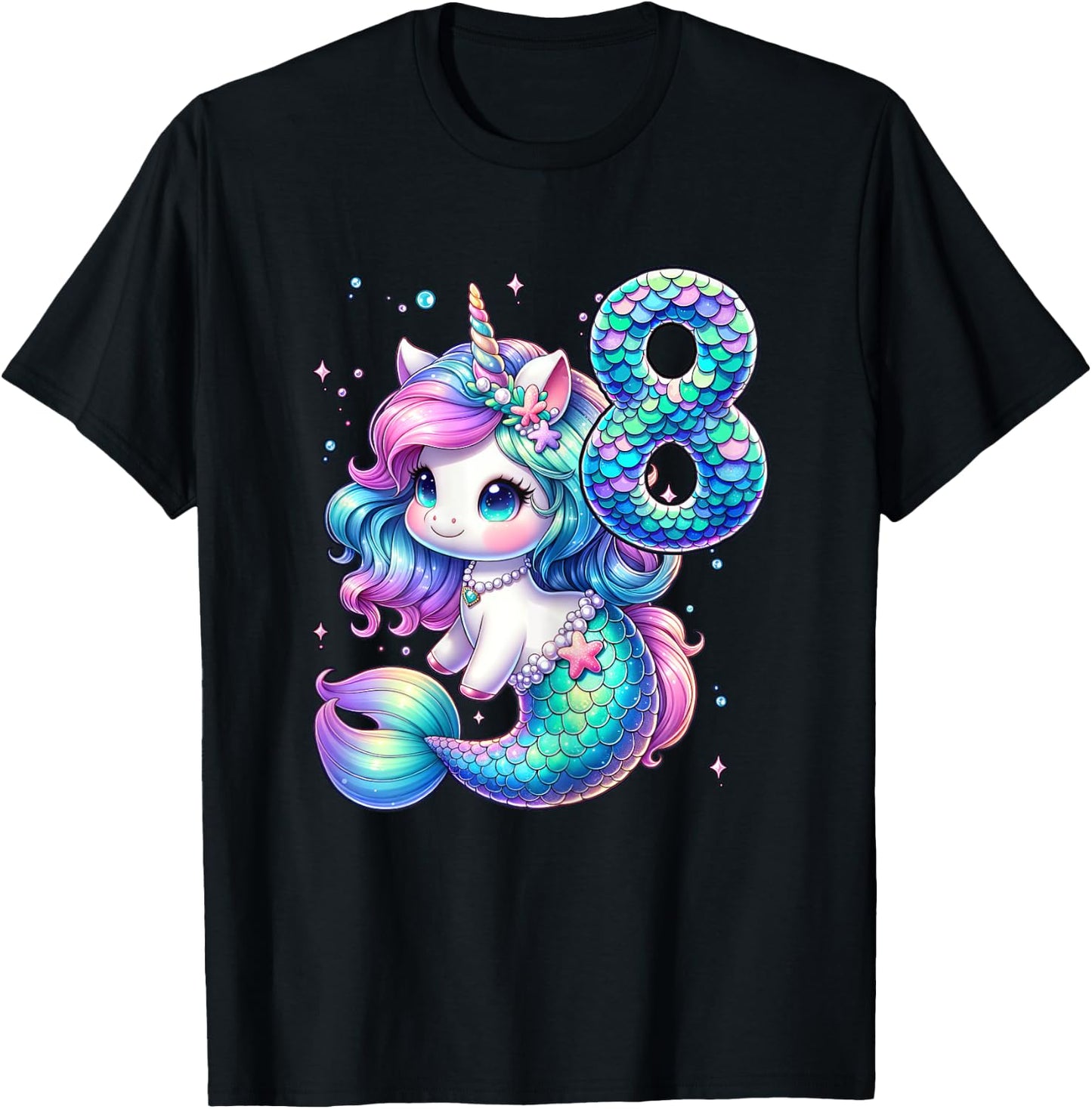 Unicorn Mermaid 8th Birthday 8 Year Old Party Girls Outfit T-Shirt - T-Shirt | Black