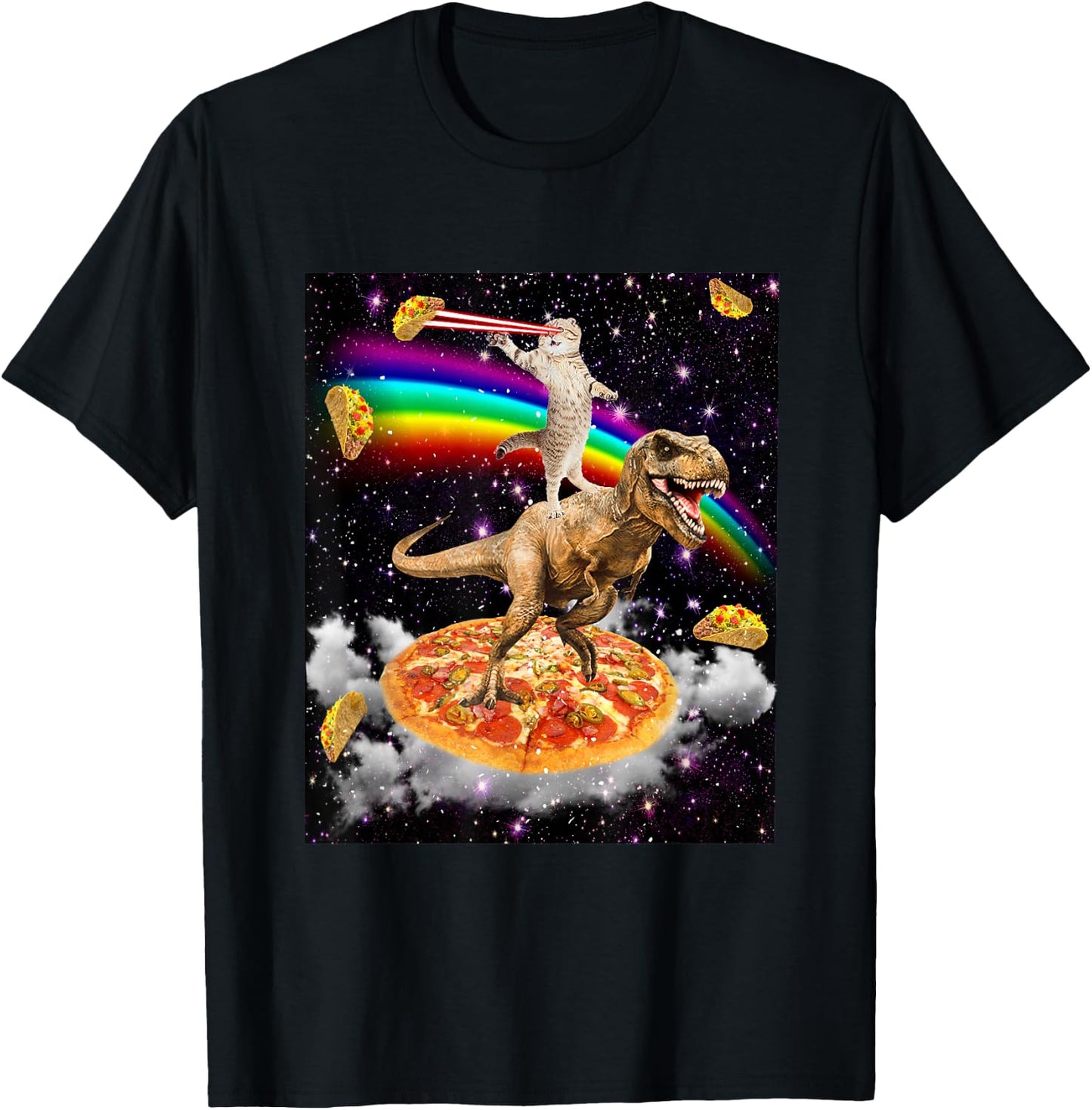 Galaxy Laser Cat on Dinosaur on Pizza with Tacos & Rainbow T-Shirt - T-Shirt | Black