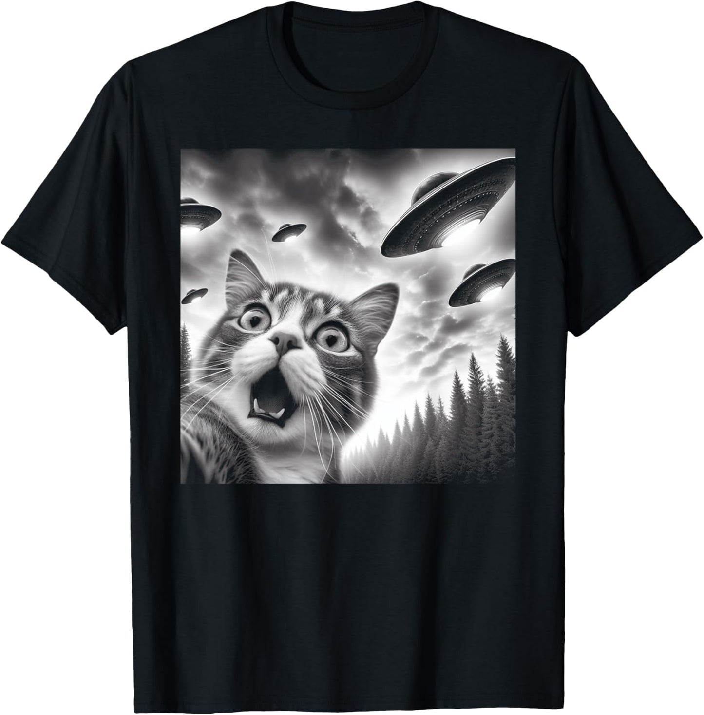Funny Cat Selfie with UFOs Men Women Kids T-Shirt - T-Shirt | Black