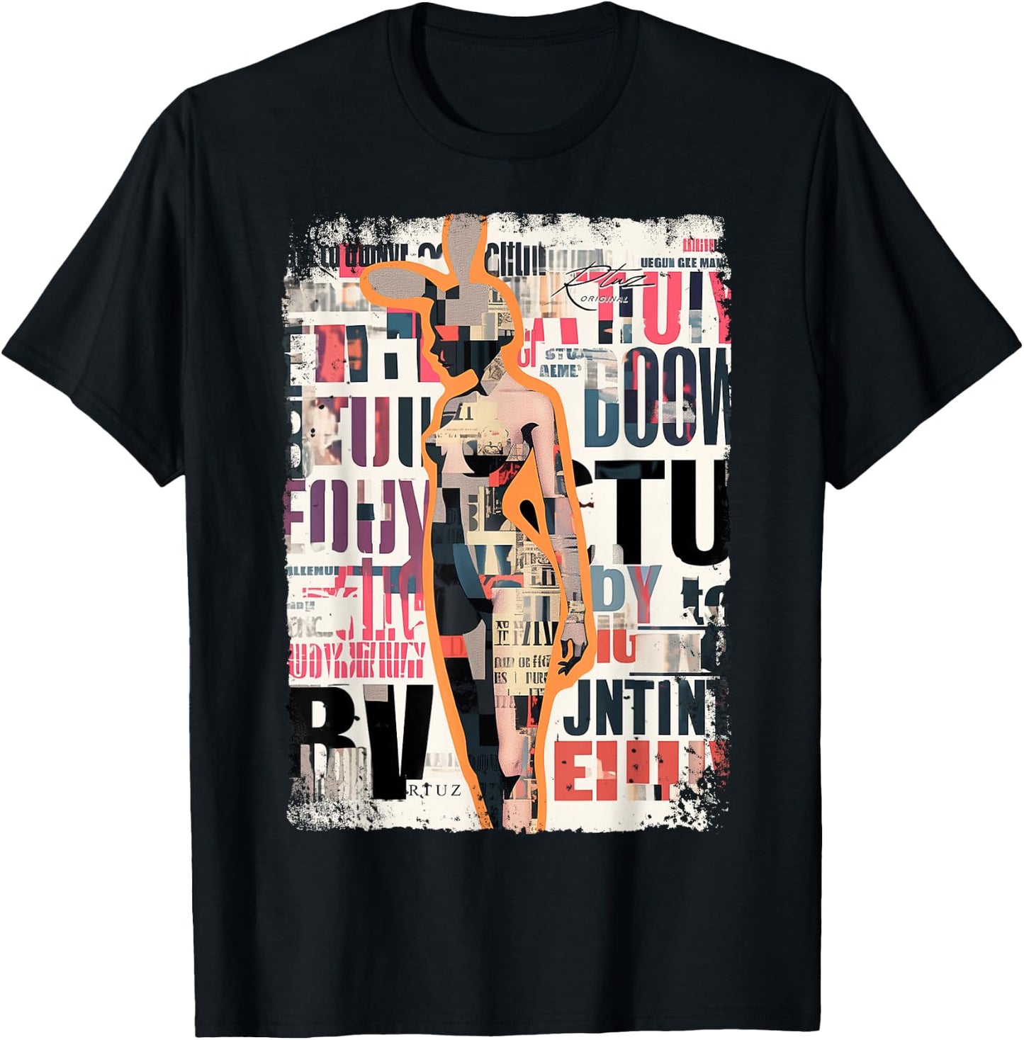 Magazine Cover Vintage Girl Bunny Collage Sexy Model Pin-Up T-Shirt - T-Shirt | Black