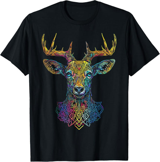 Deer Artwork Colorful Animal Mandala Graphic Art Deer T-Shirt - T-Shirt | Black