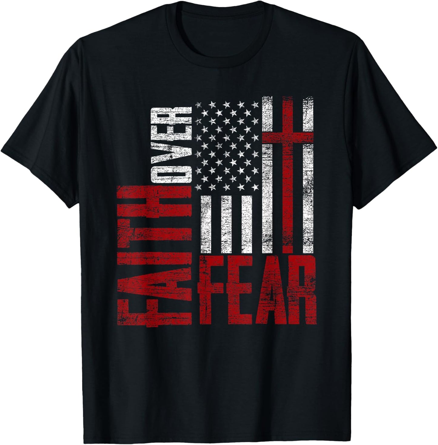 Patriotic Devotee USA Flag Cross Faith Over Fear Jesus T-Shirt - T-Shirt | Black
