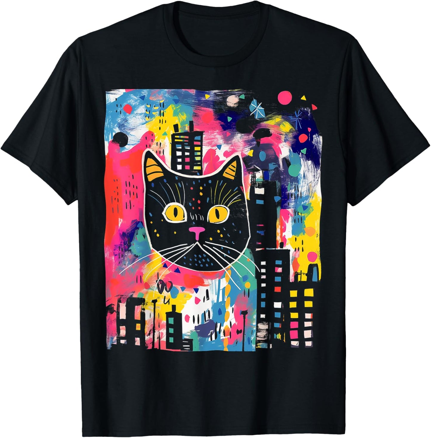 Cat Colorful Abstract Funny Animal Art Graphic Cat Women Kids T-Shirt - T-Shirt | Black