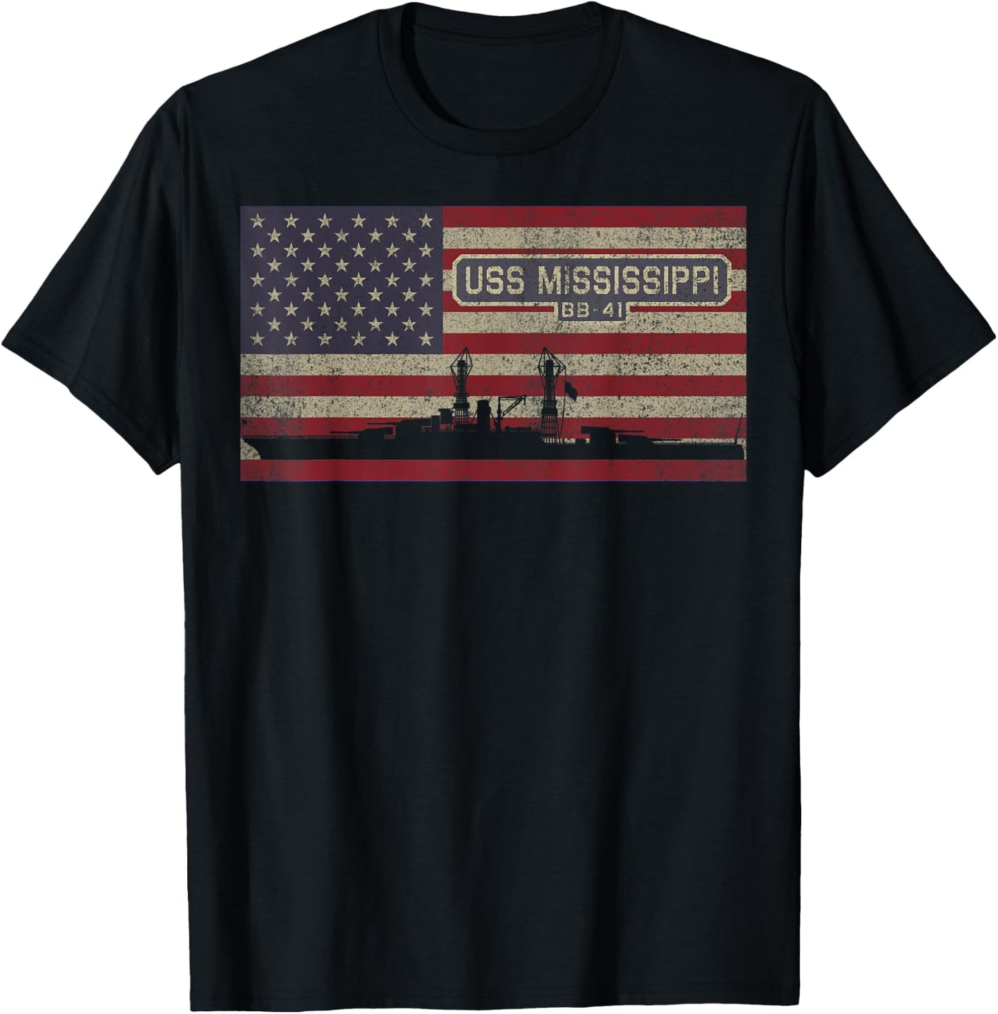USS Mississippi BB-41 WW2 Battleship USA American Flag T-Shirt - T-Shirt | Black
