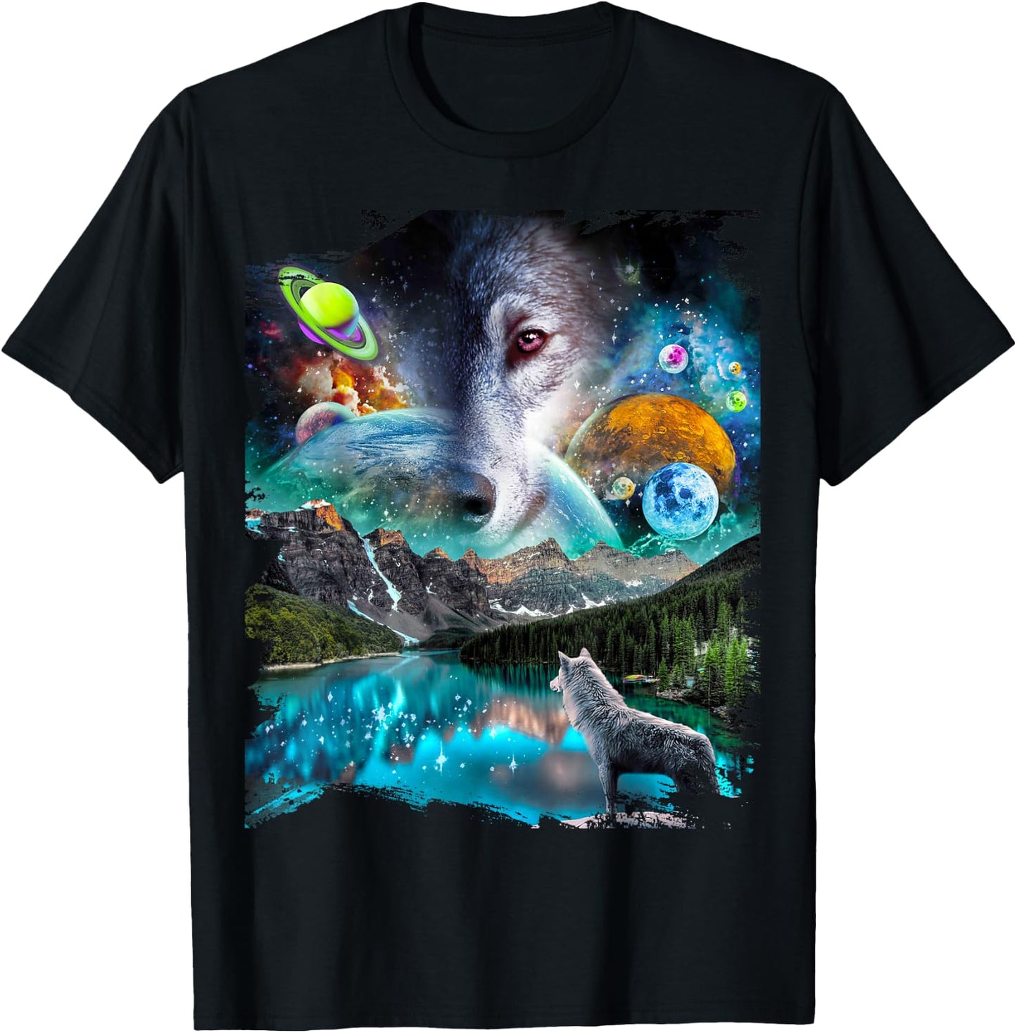 Celestial Cosmic Wolf, Space Planets Wolves T-Shirt - T-Shirt | Black
