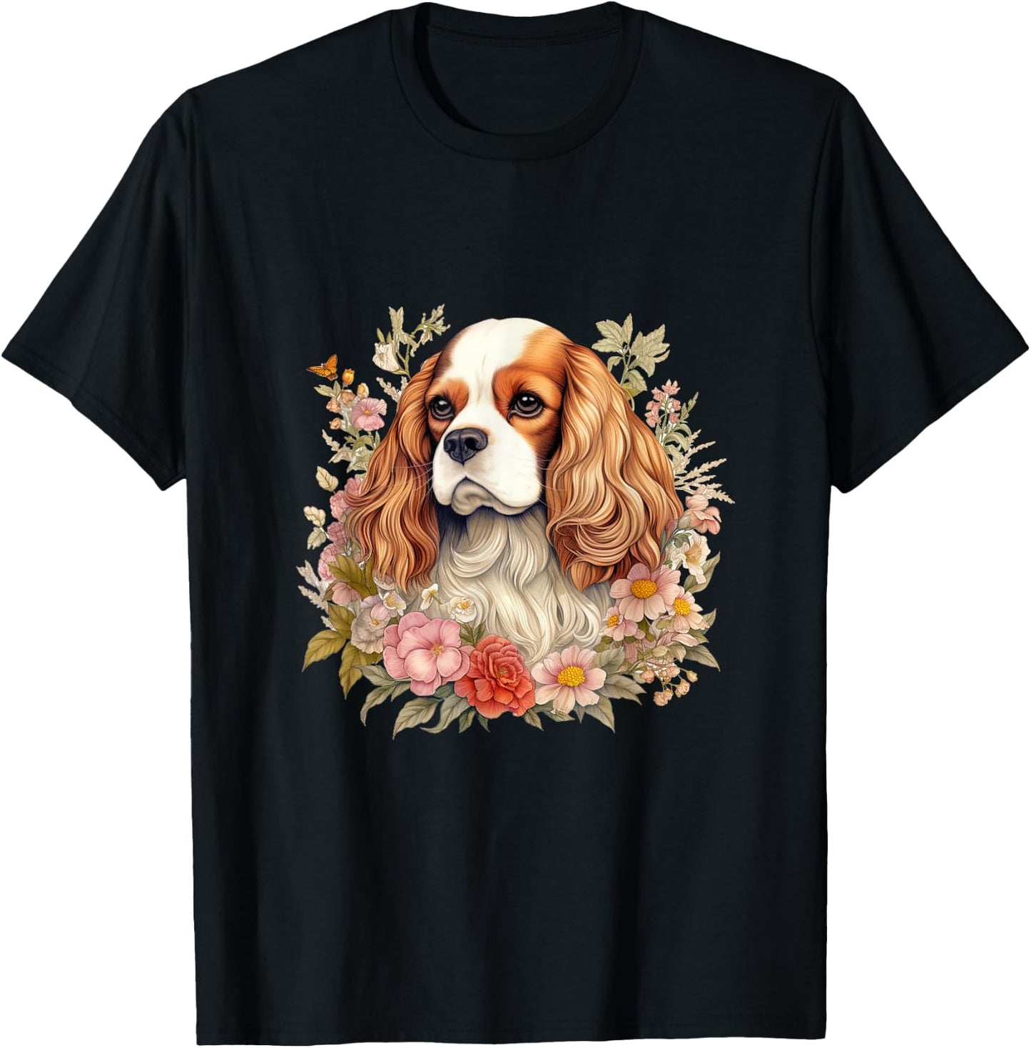 Cavalier King Charles Spaniel Dog with Flowers Floral T-Shirt - T-Shirt | Black