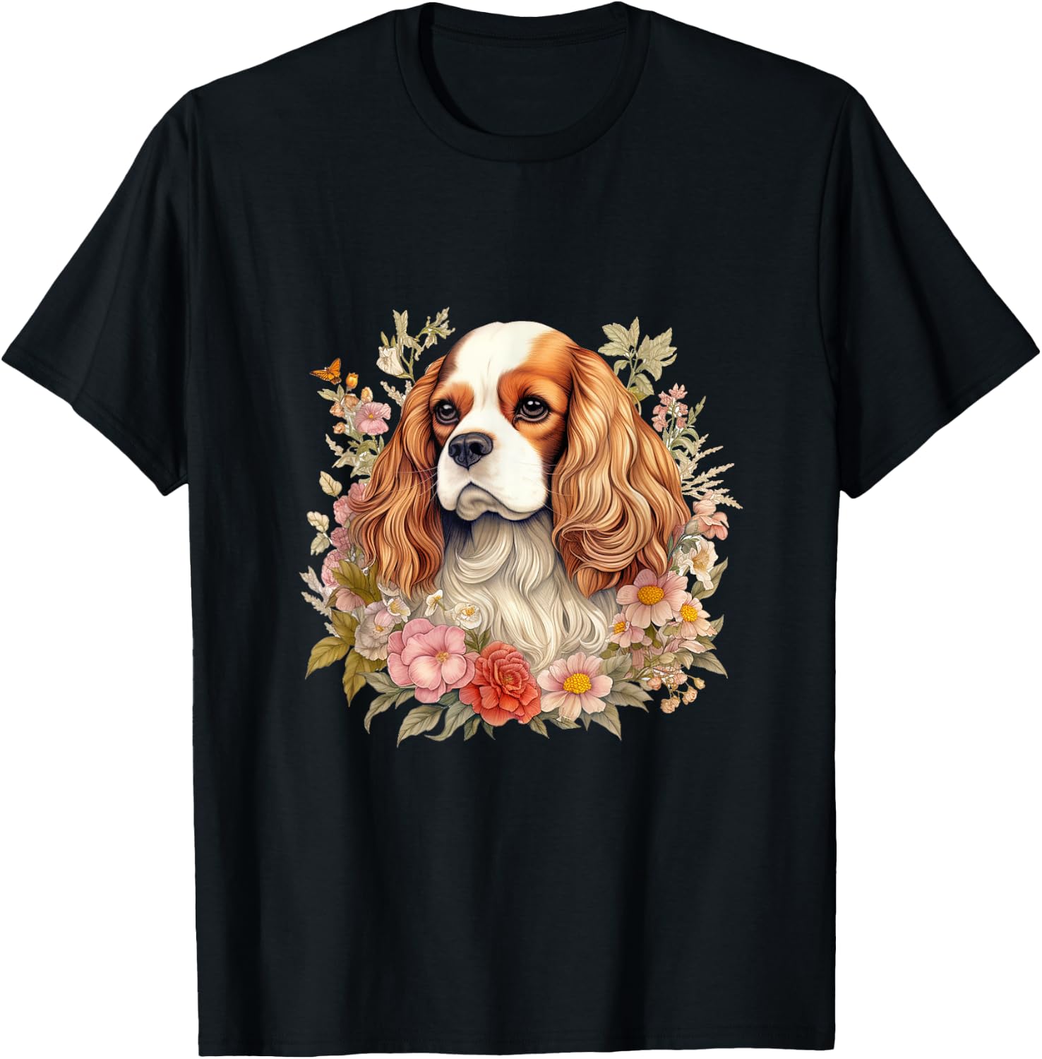 Cavalier King Charles Spaniel Dog with Flowers Floral T-Shirt - T-Shirt | Black