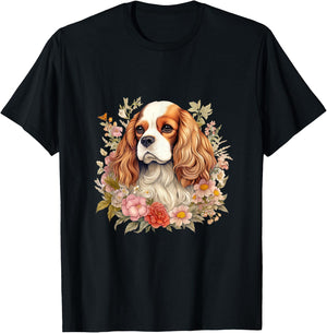 Cavalier King Charles Spaniel Dog with Flowers Floral T-Shirt - T-Shirt | Black
