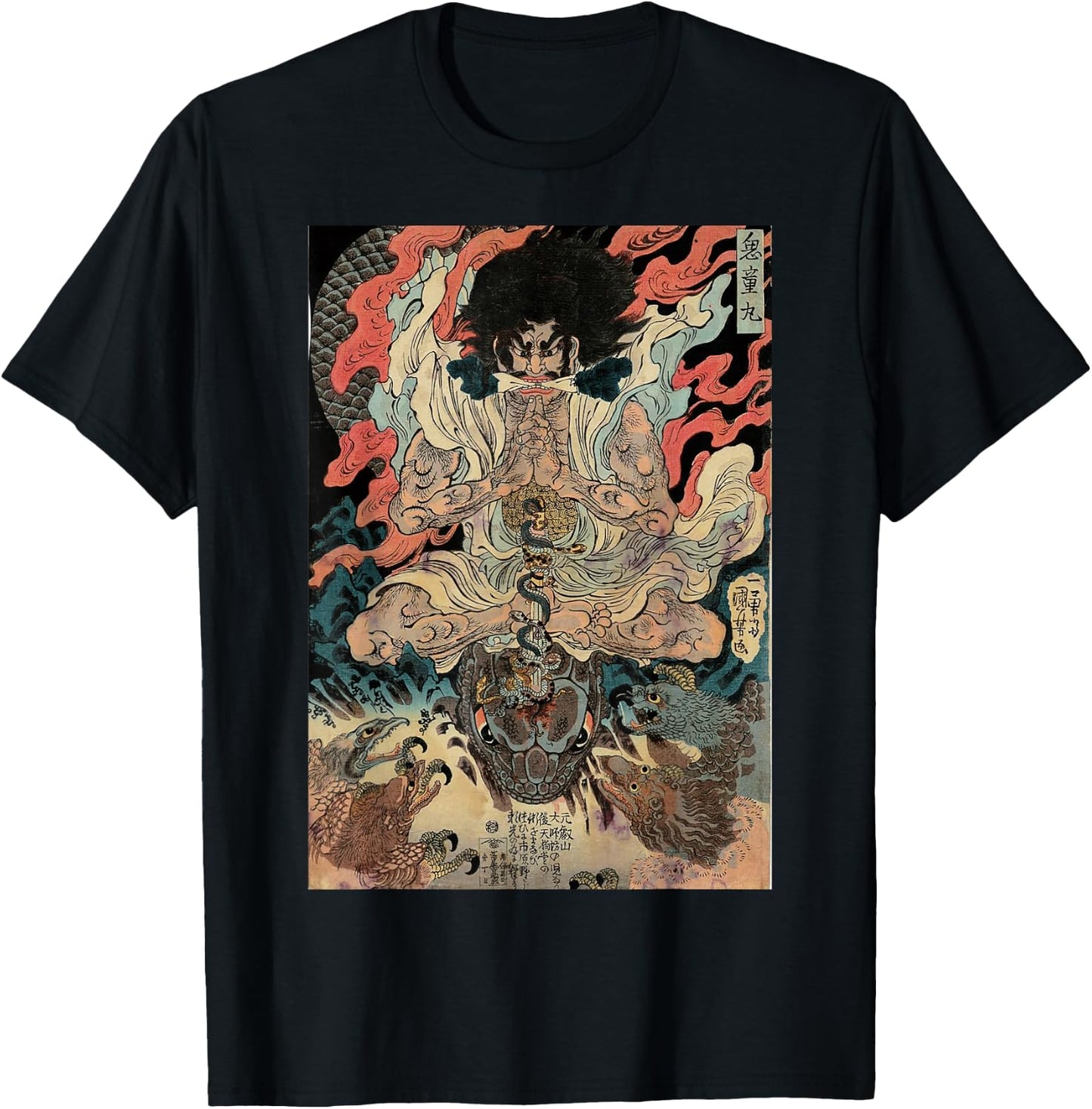 Japanese Vintage Artwork Tengu Gods Defeat The Evil Snake T-Shirt - T-Shirt | Black