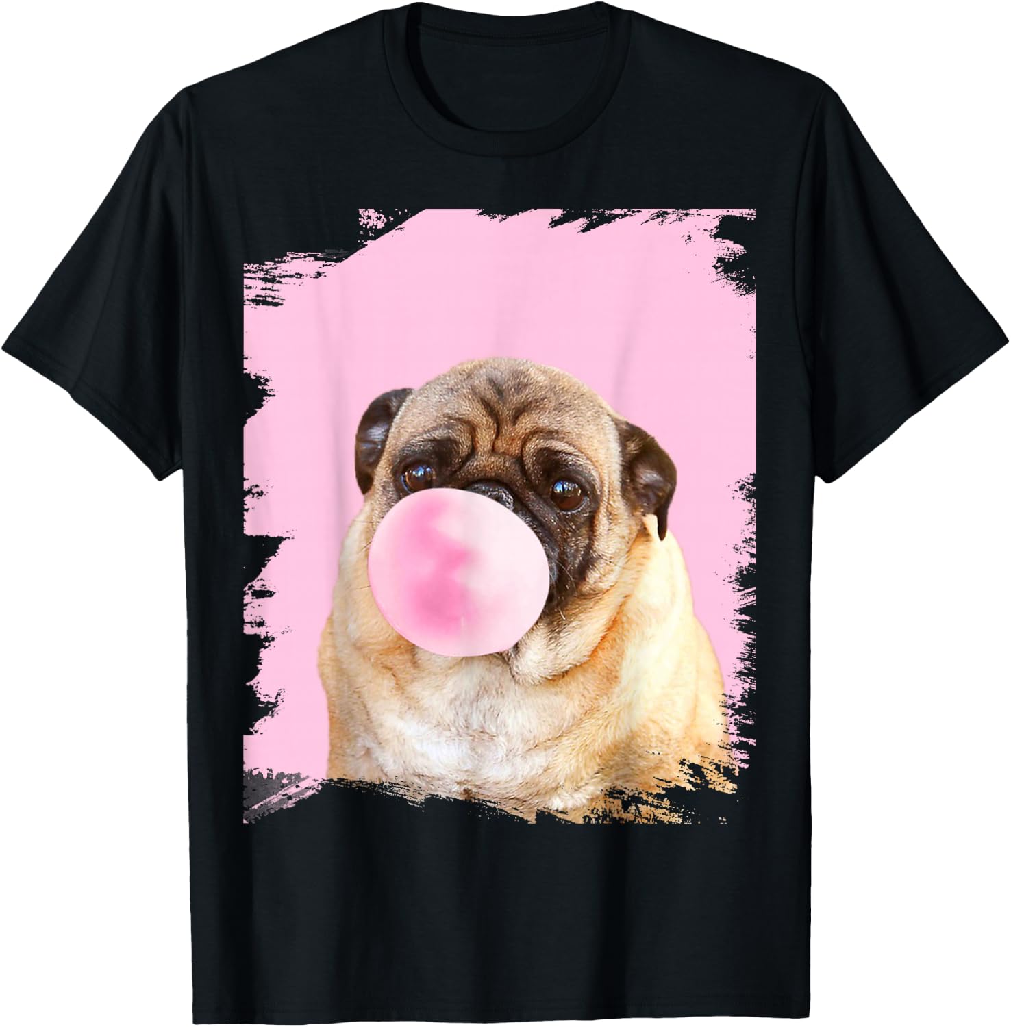 Cute Pug Dog Chewing Pink Gum T-Shirt - T-Shirt | Black