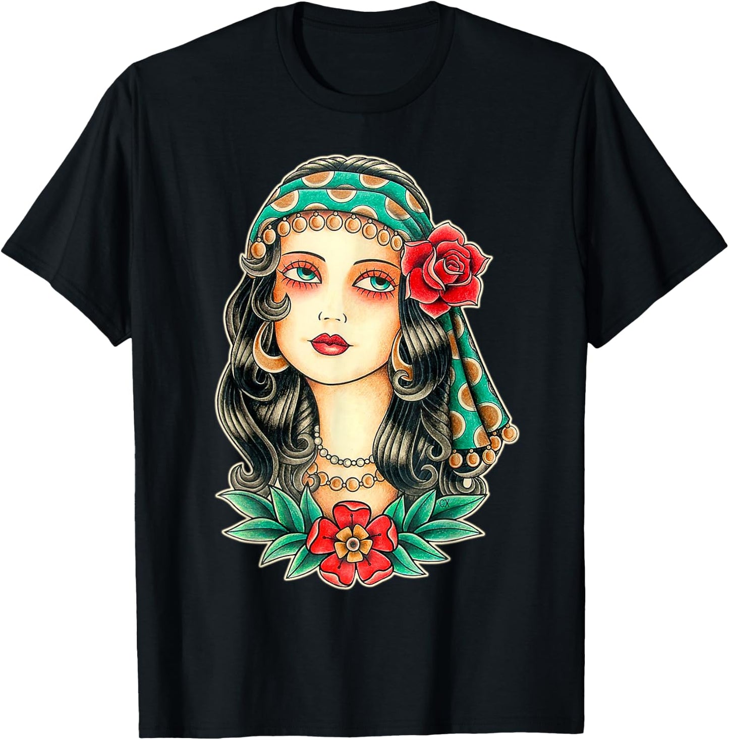 Pretty Girl Gypsy Fortune Teller Traditional Tattoo Flash T-Shirt - T-Shirt | Black