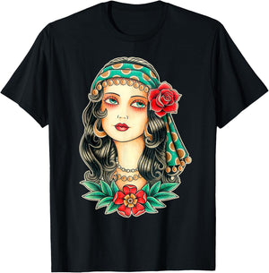 Pretty Girl Gypsy Fortune Teller Traditional Tattoo Flash T-Shirt - T-Shirt | Black