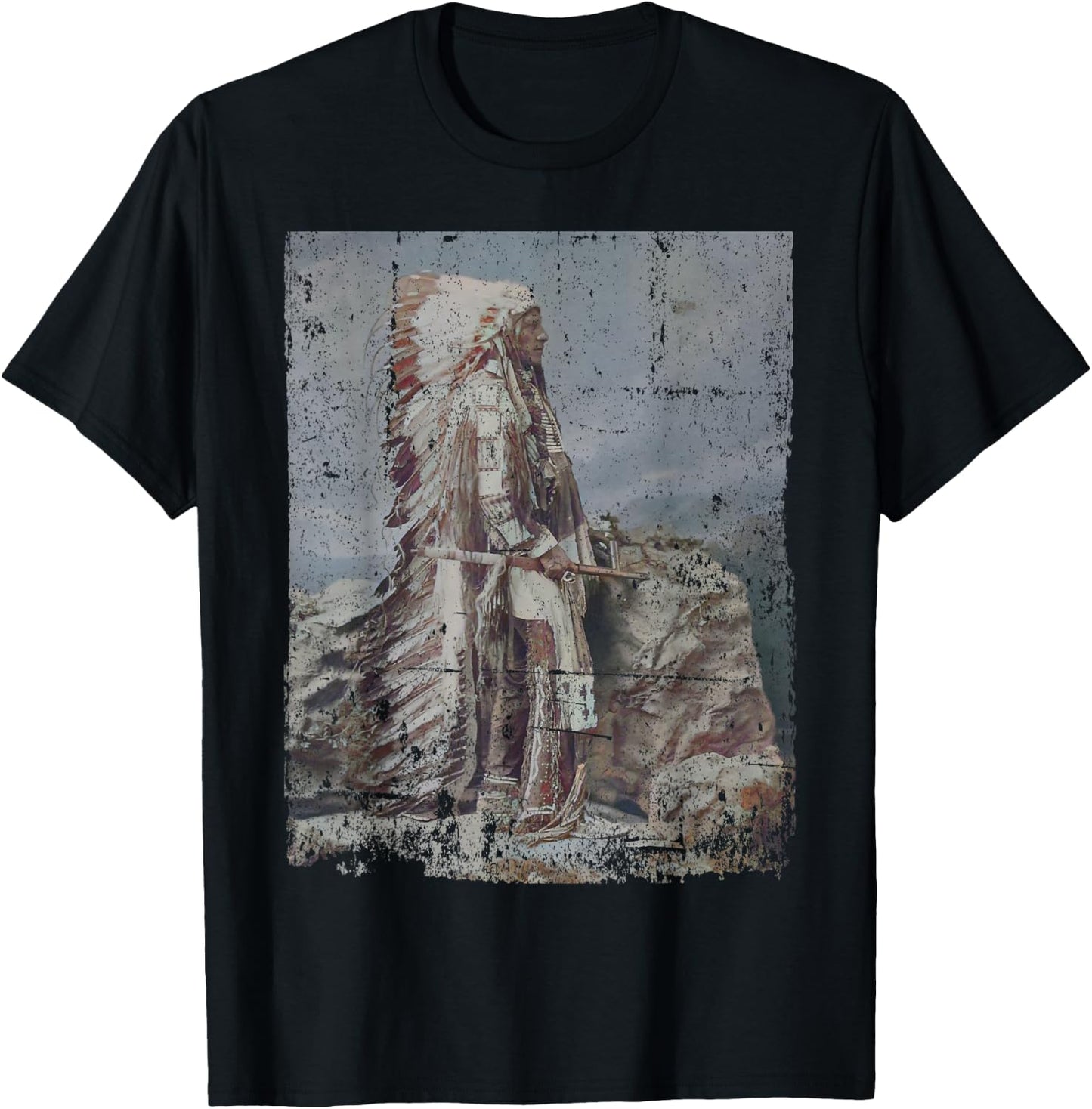 Chief Head Native American Indians Warbonnets Headdress Art T-Shirt - T-Shirt | Black