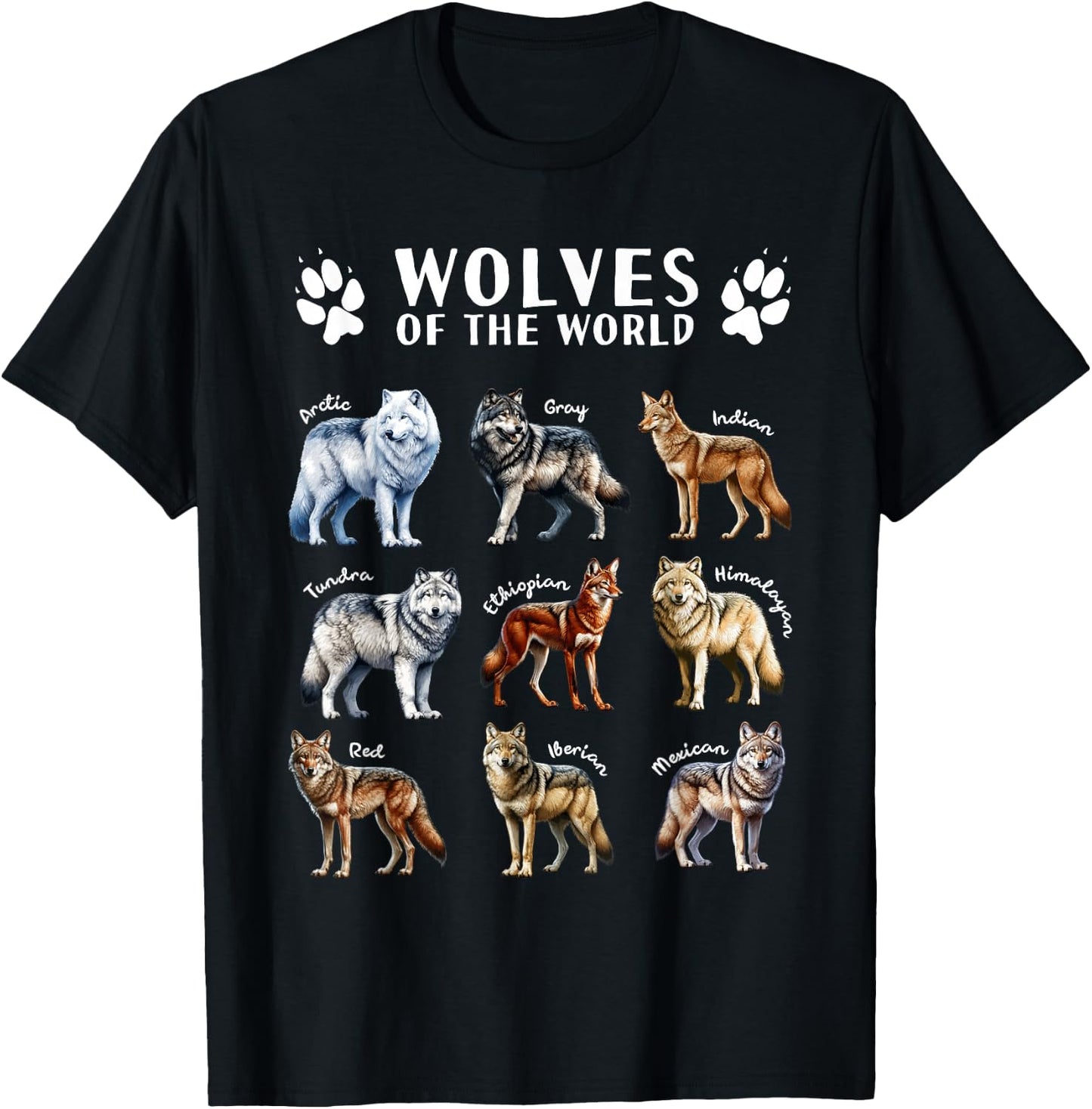 Wolves of the World Educational Collection Wolf Types Animal T-Shirt - T-Shirt | Black