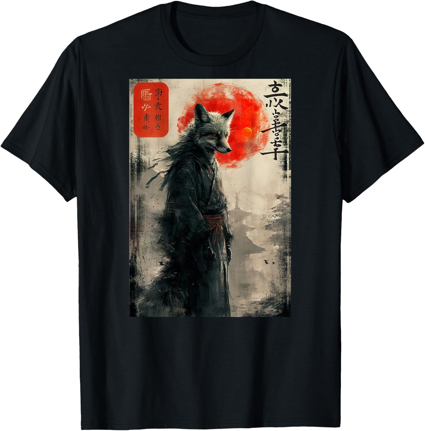 Japanese Woodblock Art of a Samurai Fox with Japanese (Back) T-Shirt - T-Shirt | Black