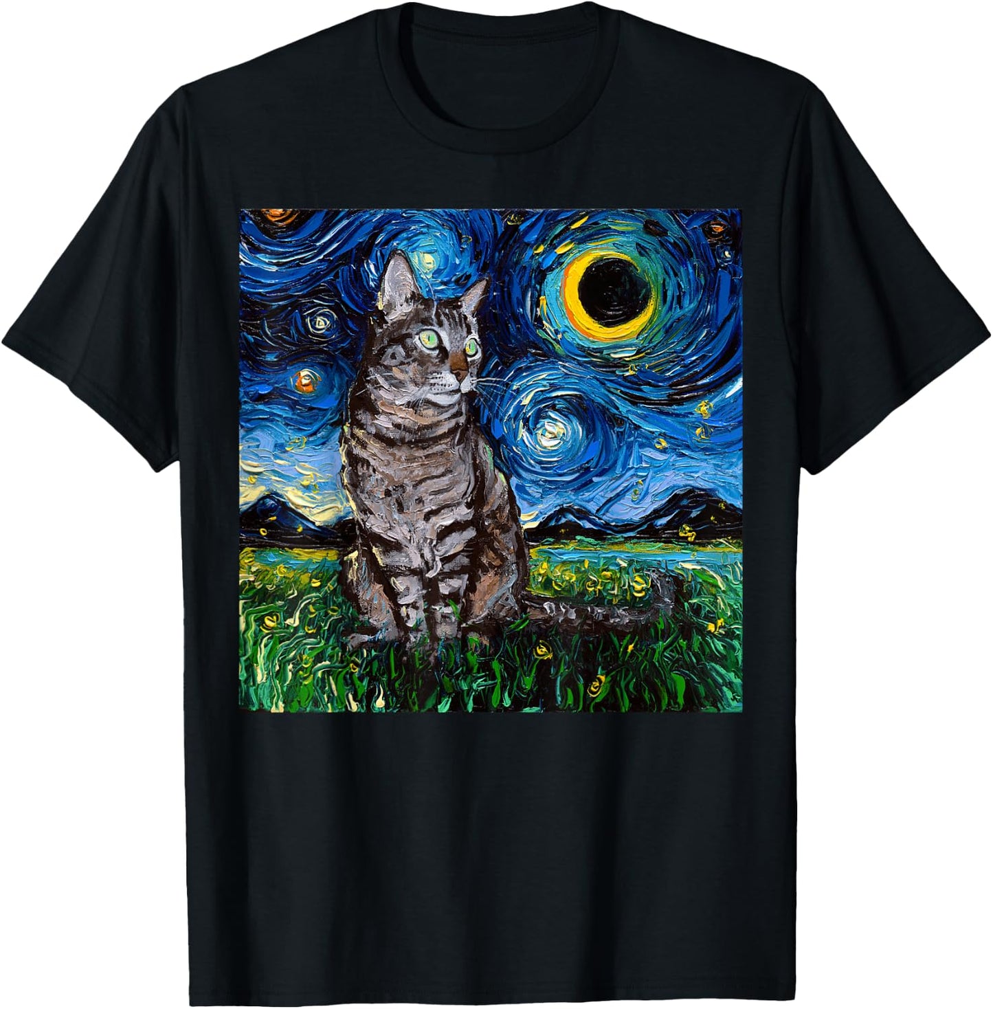Gray Tabby Starry Night Art – Gift Cat Lovers T-Shirt - T-Shirt | Black