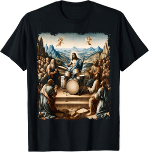 Jesus Playing Drums, Funny Christian Drummer Painting T-Shirt - T-Shirt | Black