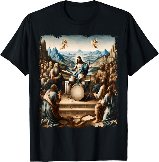 Jesus Playing Drums, Funny Christian Drummer Painting T-Shirt - T-Shirt | Black