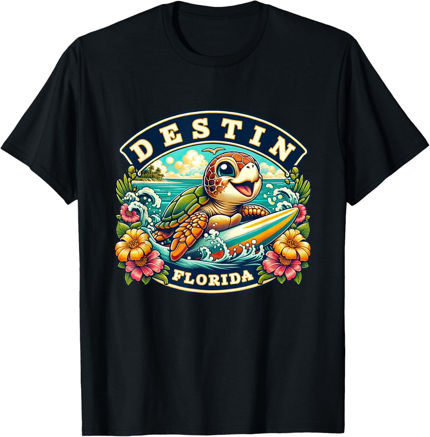 Destin Florida Cute Sea Turtle Surfing T-Shirt - T-Shirt | Black