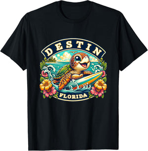 Destin Florida Cute Sea Turtle Surfing T-Shirt - T-Shirt | Black