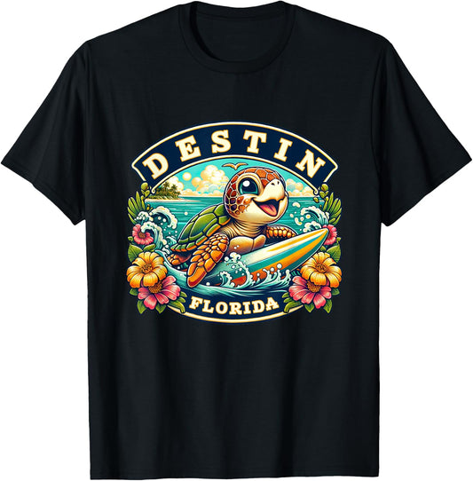 Destin Florida Cute Sea Turtle Surfing T-Shirt - T-Shirt | Black