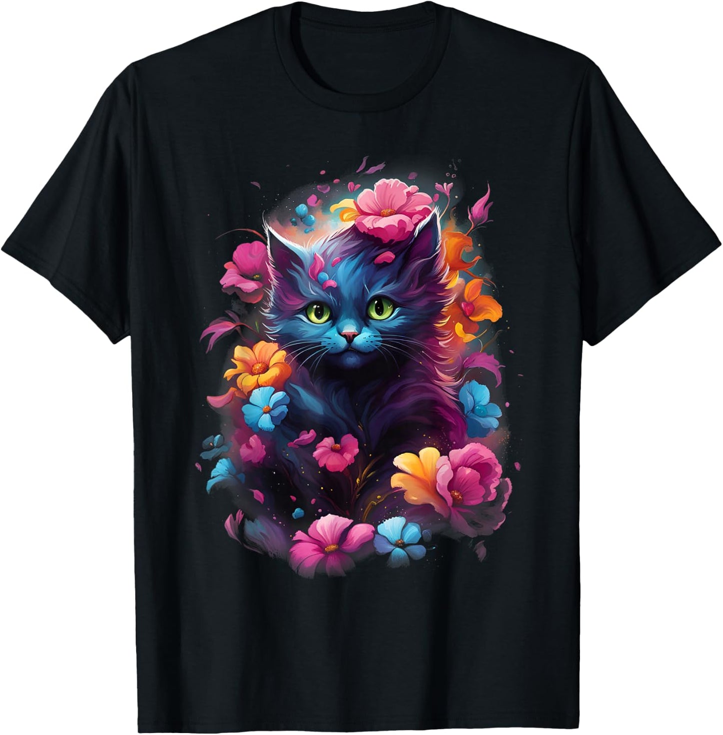 MyAnimal - Cute Cat in Colourful Flowers T-Shirt - T-Shirt | Black
