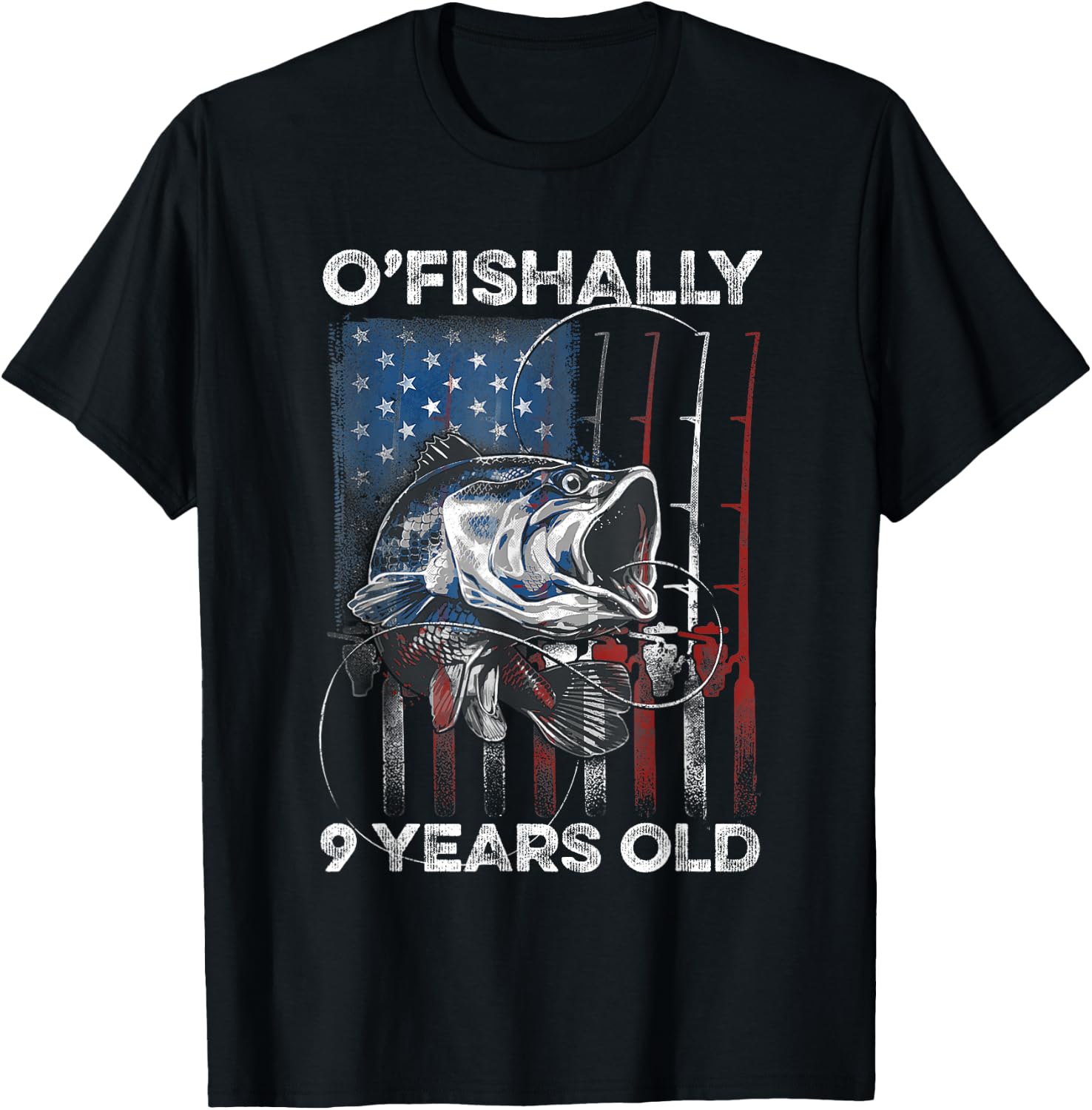 Ofishally 9 Year Old Shirt 9th Birthday Fishing US Flag T-Shirt - T-Shirt | Black