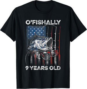 Ofishally 9 Year Old Shirt 9th Birthday Fishing US Flag T-Shirt - T-Shirt | Black