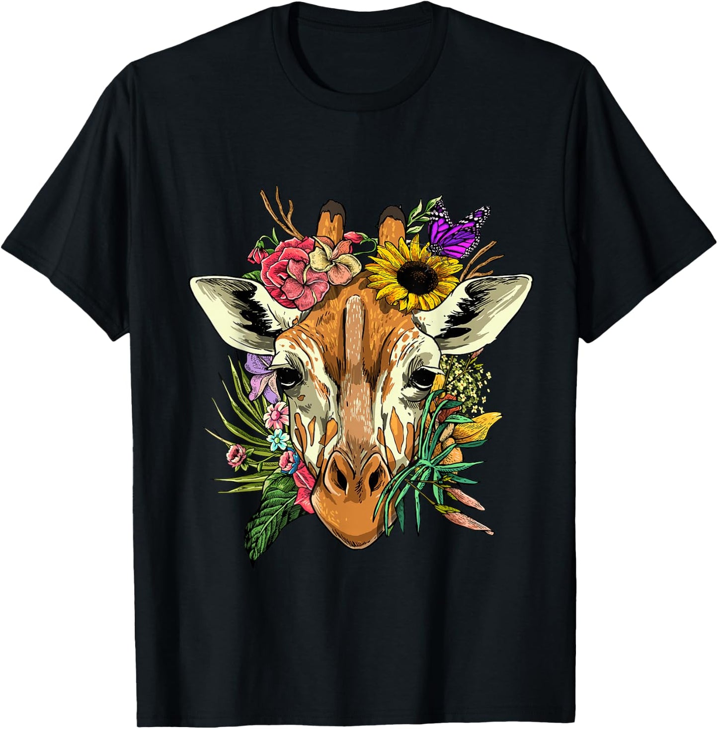Floral Giraffe Shirt Nature Zoo Animal Face Giraffe Lover T-Shirt - T-Shirt | Black