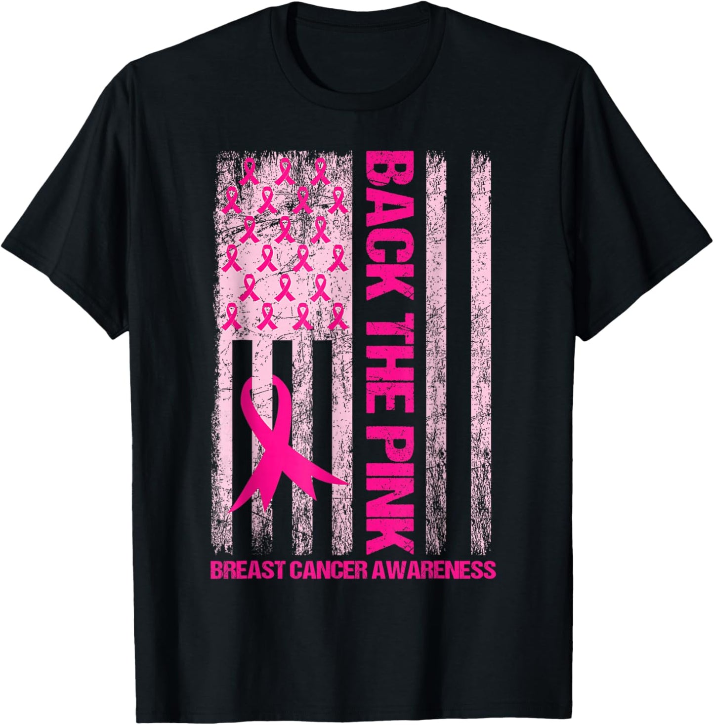 Back The Pink Ribbon American Flag Breast Cancer Awareness T-Shirt - T-Shirt | Black