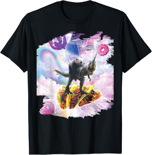 Space Panda Riding Dinosaur Unicorn - Taco & Donut T-Shirt - T-Shirt | Black