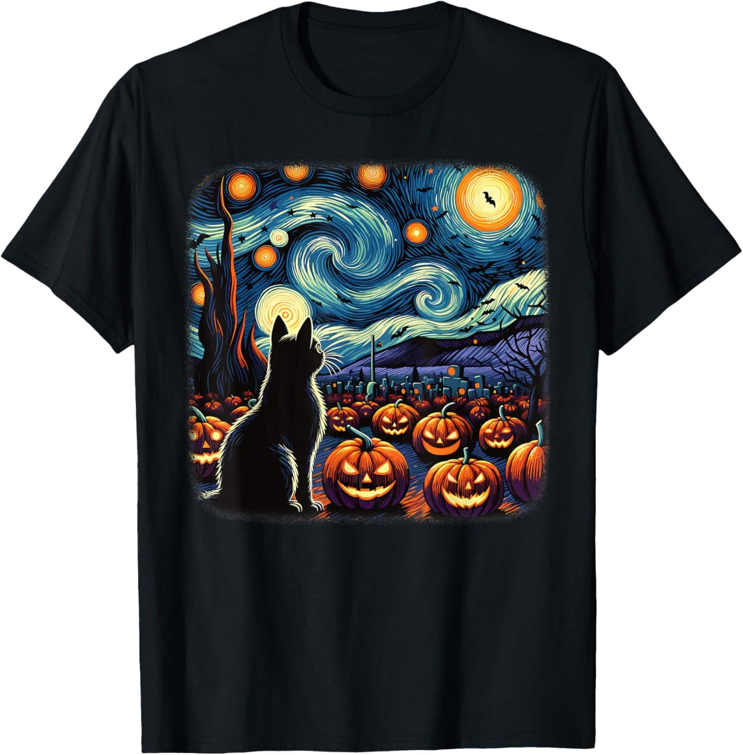 Halloween Black Cat Van Gogh Starry Night Pumpkins Bats Men Women Girls Kids T-Shirt - T-Shirt | Black