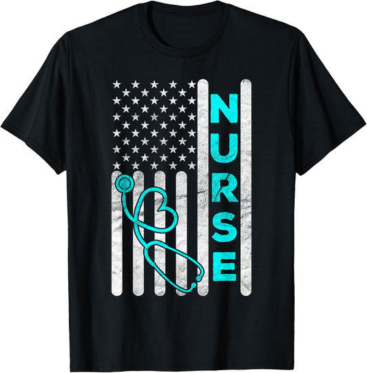 Nurse American Flag RN LPN CNA Stethoscope Graduation Gifts T-Shirt - T-Shirt | Black