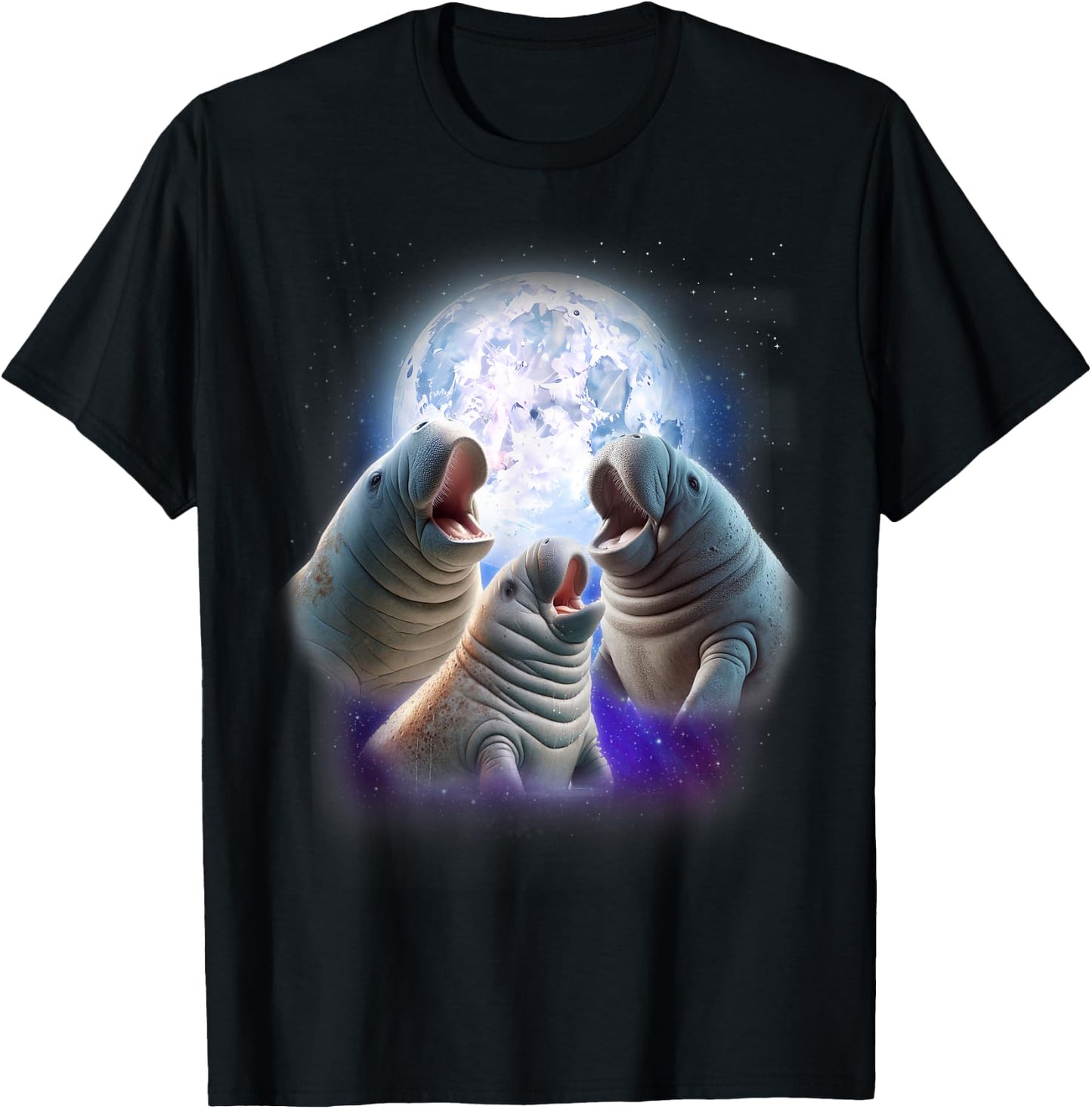3 Manatees Howling At The Moon Funny Manatee Chubby Mermaid T-Shirt - T-Shirt | Black