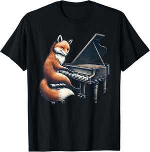 Cute Fox Playing Piano Foxes Musician Music T-Shirt - T-Shirt | Black