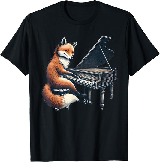 Cute Fox Playing Piano Foxes Musician Music T-Shirt - T-Shirt | Black